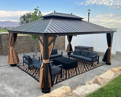 PURPLE LEAF 13' X 17' Outdoor Hardtop Gazebo Patio Wide Aluminum Frame Metal Double Roof with Heavy Duty Netting and Curtains for Permanent Hard Top Pavilion Screen Khaki