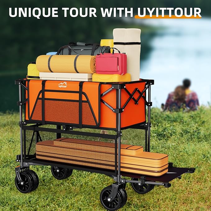 Foldable 50''L Extra Long Double Decker Wagon for Sport, 400L Collapsible Heavy Duty Wagon Cart with Big Wheels, Utility All-Terrain Large Extender Cart for Outdoors, Orange