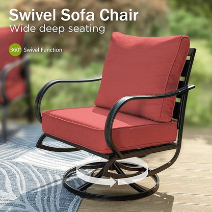 PHI VILLA 5 PCS Patio Furniture - Metal Deluxe Patio Set with 1 x 3 Seater Deep Seating Bench, 2 x Swivel Sofa Chairs & 2 x Metal Cushioned Ottoman, Outdoor for Garden, Red