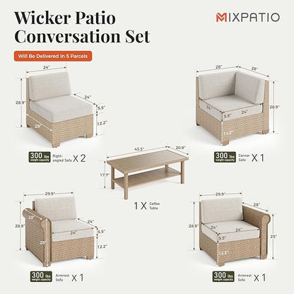 Patio Furniture Set, 6 Piece Outdoor Rattan Wicker Sectional Conversation Set with 5.5" Thick Waterproof Cushions and Coffee Table for Deck Backyard