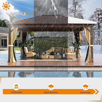 MELLCOM 12'x16' Hardtop Gazebo, Galvanized Steel Metal Double Roof Canopy with Curtains and Netting, Brown Permanent Pavilion Gazebos with Aluminum Frame for Garden, Patio, Lawns, Deck