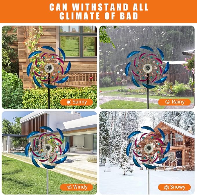 46" Wind Spinners for Yard and Garden with Solar LED Light, Metal Kinetic Wind Spinner Outdoor Decor, Wind Sculpture Yard Art Decorations for Patio, Lawn & Garden