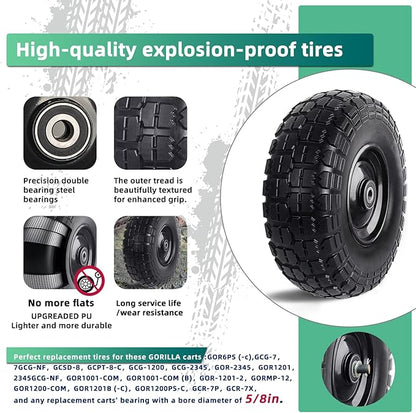 12'' Flat Free Tires Rubber Replacement Solid Tire and Wheel Assemblies for Hand Trucks Garden Cart Wheelbarrow - 3.5”Wide Polyurethane Tires 2.1 Hub with 5/8 Inch Axle Borehole (410/350-6)