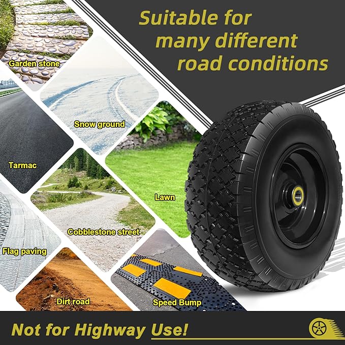 13” Tire and Wheel Flat Free, Replacement Solid Tire and Wheel Assemblies with 5/8” Axle Bore Hole and Double Sealed Bearings, 2.17-6.17inches Adjustable Centered Hub, 2 Packs
