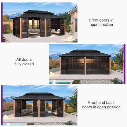 PURPLE LEAF 12' X 20' Patio Hardtop Gazebo Double Top Outdoor Screen House Aluminum Solarium Backyard Sun Room with Detachable Windows and 36 Solar String Light