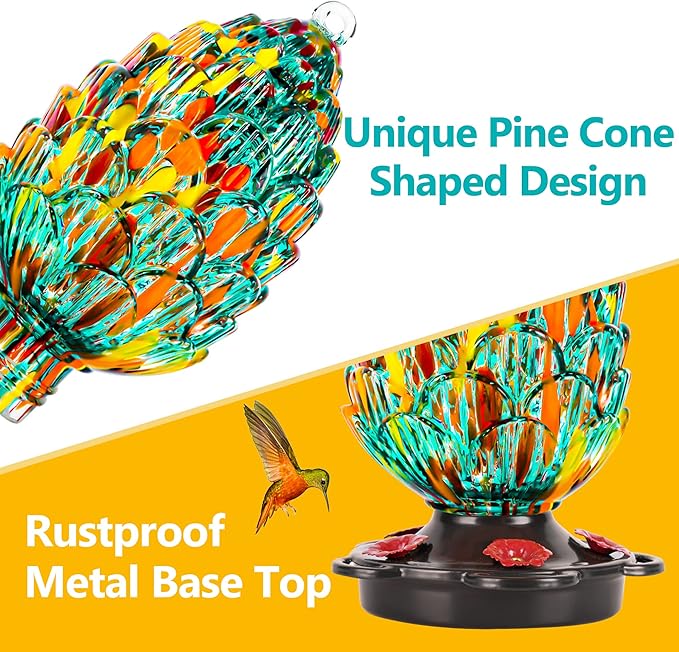 LUJII Pine Cone Shaped Hand Blown Glass Hummingbird Feeder for Outdoors Hanging, Rust Proof & Leak Proof, 25 fl.oz, Unique Gift for Women, Garden & Backyard Decor, Teal