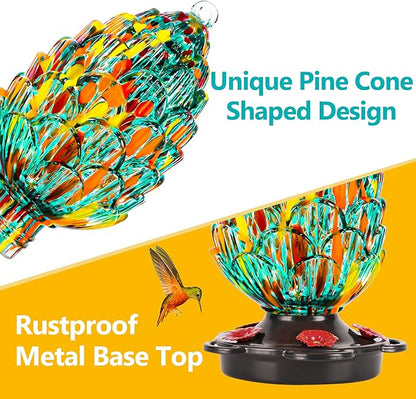 LUJII Pine Cone Shaped Hand Blown Glass Hummingbird Feeder for Outdoors Hanging, Rust Proof & Leak Proof, 25 fl.oz, Unique Gift for Women, Garden & Backyard Decor, Teal