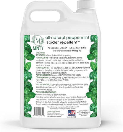 Minty Spider Repellent, Natural 5% Peppermint Oil Spray, Kills & Deters All Types of Spiders and Insects, Indoor and Outdoor Use, 128 fl oz Gallon