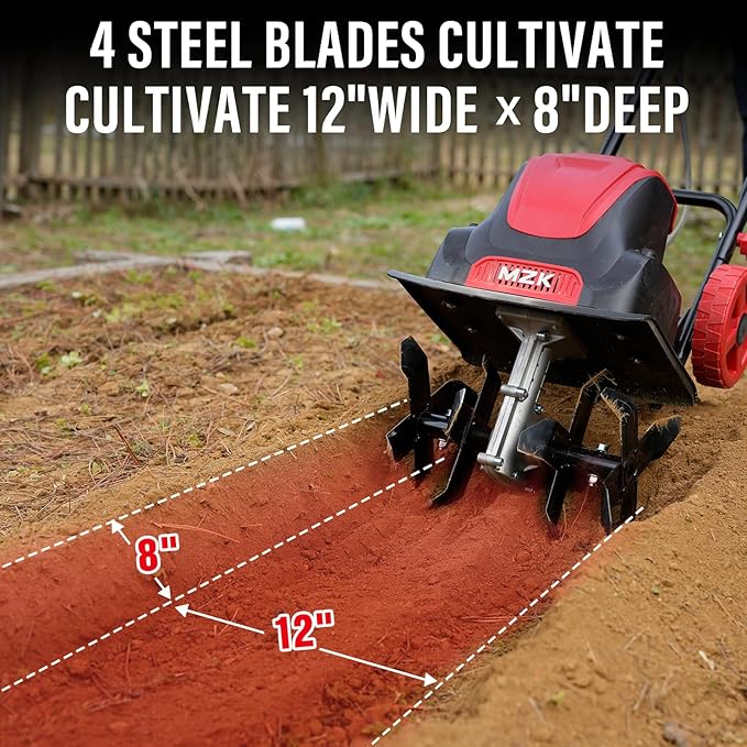 MZK 12-Inch 10.5 Amp Corded Electric Tiller/Cultivator for Gardening, 8-inch tillling Depth with Adjustable Wheels, Electric Garden Rototiller for Garden/Lawn/Yard/Soil Digging