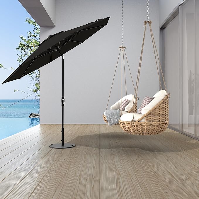 Midtown Umbrellas The Swilt 8 Feet Patio Umbrella in Sunbrella Black Acrylic Fabric - Fiberglass Ribs, Auto-Tilt Aluminum Frame For Backyard, Deck, Garden, Pool - White Pole