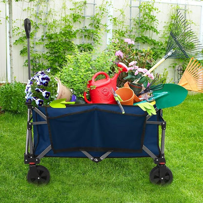 EAGLE PEAK Heavy-Duty Collapsible Folding Utility Wagon, All Terrain Garden Hand Cart with Large Size Pocket and Cup Holders for Sports, Beach, Camping, Garden, and Grocery, Dark Blue