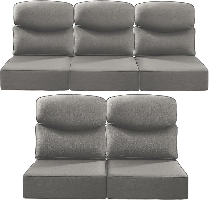 Luxury 22x24/22x25 6-Inch Smile Outdoor Cushions for Patio 5 Piece Set - Set of 5 Zippered Outside Pillows for Wicker Metal Dining Rocking Swivel Chairs Loveseat Couch Sectional Sofa - Grey
