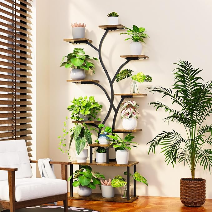 Bstrip 63 Inch Plant Stand with Grow Light, 10-Tier Plant Shelf for Indoor Plants, Decor Tree Shaped Flower Stand for Home, Corner & Patio