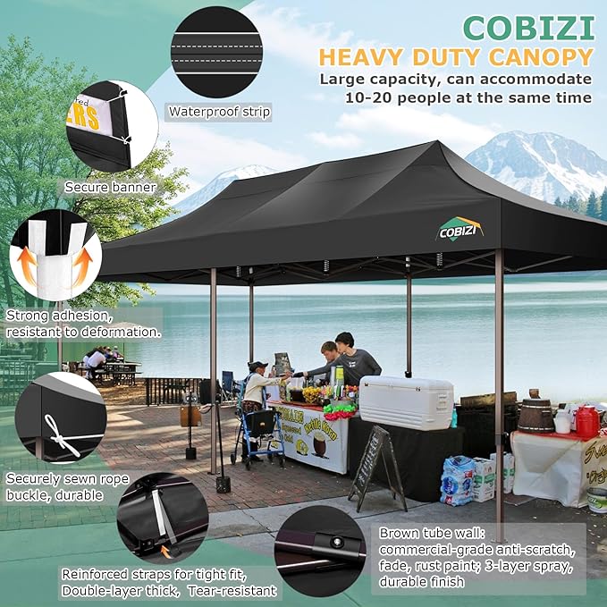 COBIZI 10x30 Heavy Duty Pop Up Canopy with 8 Sidewalls and Hexagonal Legs, Easy up Tent for Parties, Wedding and Commercial, Outdoor Canopy with Carry Bag, Sand Bags, Waterproof & UPF50+ (Black)