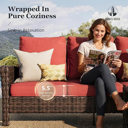 HERA'S HOUSE Red Patio Furniture Set, 6-Piece Outdoor Seating Conversation Sets with High Back Wicker Sofa, Swivel Chairs with 5.5" Thick Cushions, Fire Pit Table & Ottomans for Deck Yard Garden