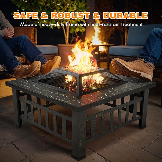 Flamaker Outdoor Fire Pit 32 Inch Firepit Tables Backyard Mutifunctional Square Metal Stove Wood Burning with Cover Poker for Patio, Camping, Bonfire (Bronze)