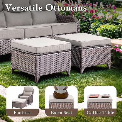 Luxury Outdoor Furniture Set with 6-Inch Thick Cushions, High Back Swivel Patio Chairs with Ottomans & Side Table, Wicker Outdoor Swivel Chairs Set for Porch, Yard, Deck, Poolside, Brown/Beige