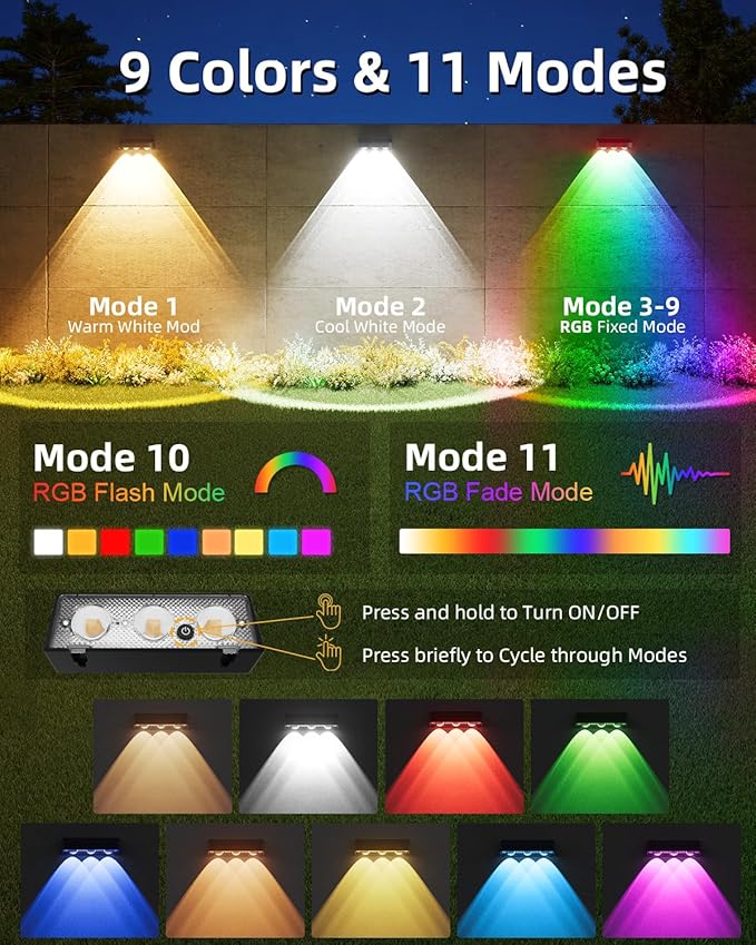 Solar Fence Lights 12 Pack, Warm White, Cool White and RGB Color Glow LED Solar Light, IP65 Waterproof Fence Lights Solar Powered for Patio, Backyard, Railing, Deck and Wall
