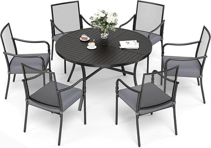 Patio Table and Chairs Set of 6, All-Weather Breathable Metal Mesh Patio Chair with Gourd-Shaped Armrests, 54x54 Round Table with Umbrella Hole, 7 Pcs Metal Frame Patio Dining Set