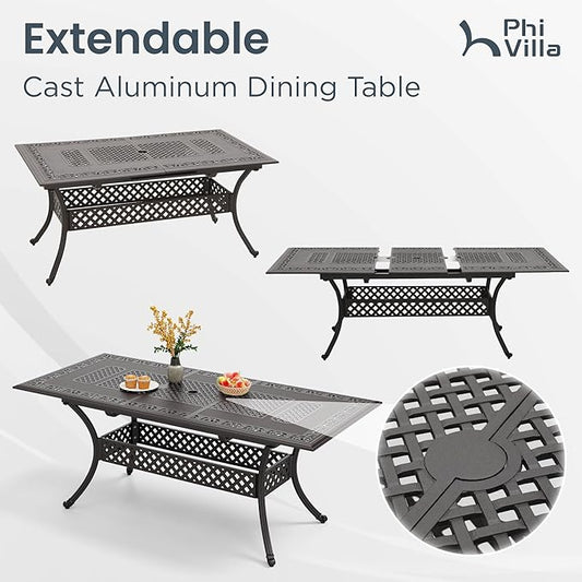PHI VILLA Outdoor 7 Pieces Expandable Cast Aluminum Dining Set for 6, Extendable Metal Table with Umbrella Hole & Cushioned Wicker Chairs, Dining Furniture Set for Patio, Deck, Yard and Porch