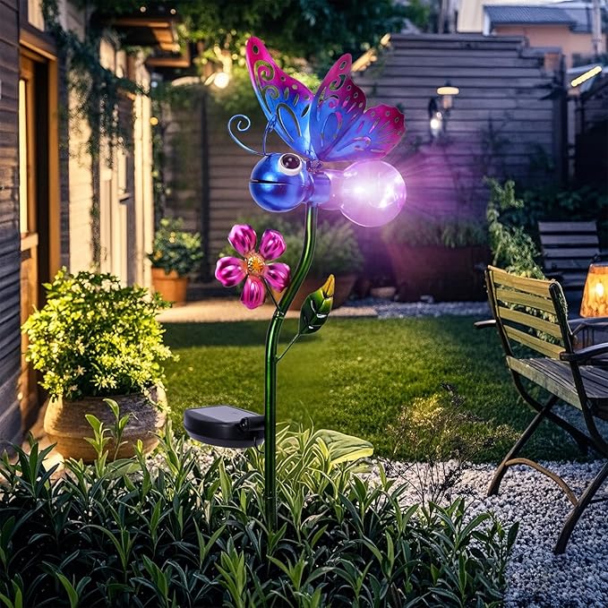 Afirst Decorative Solar Lights Outdoor Solar Butterfly Stake Lights Metal Decorative Garden Lights Outdoor Waterproof Stakes for Pathway Yard Lawn Decoration Mothers Day Mom Gifts