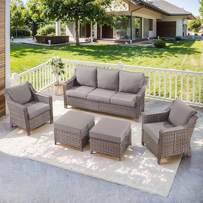 5 Pieces Wicker Patio Furniture Set-Outdoor High Back Sofa with Rattan Wicker Chairs Outdoor Furniture for Porch Garden Backyard Poolside-Brown/Grey