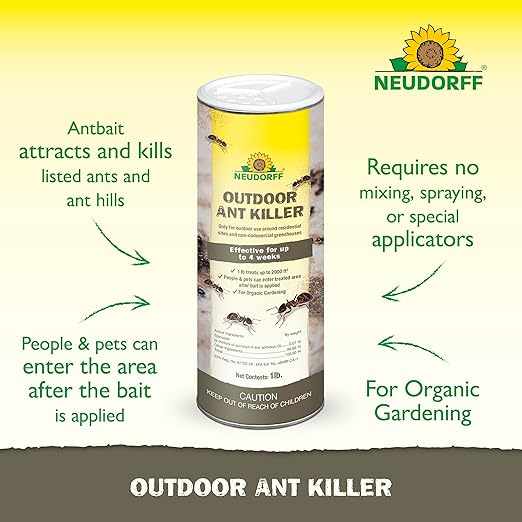 Neudorff Outdoor Ant Killer, Ant Bait Granules 1 lbs Treats up to 2,000 sq. ft. & Lasts up to 4 Weeks, Home Perimeter Treatment for Organic Gardening, Insect Bait Attracts and Kills (1 lb)
