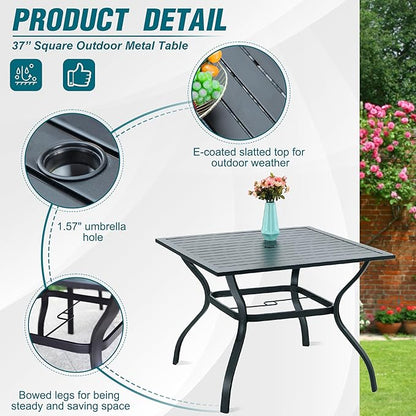 PHI VILLA 5 PCS Outdoor Dining Set with Umbrella for 4, Metal Steel Square Dining Table & Stacking Chais & 3-Tier Round Umbrella, Dining Furniture Set for Patio, Deck, Yard and Porch