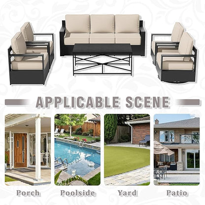 6 PCS Aluminum Patio Conversation Set - 3-Seater Sofa, 2 Swivel Chair, 2 Fixed Chair, 1 Metal Table with 6" Thick Water-insistant Cushions, All-Weather Use Removable Cover (Beige)