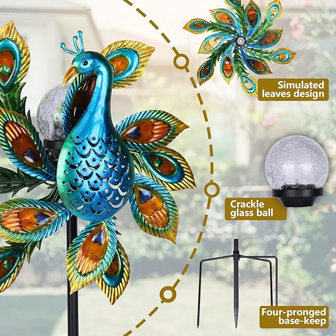 Solar Wind Spinner Outdoor Metal Kinetic Wind Spinners with LED Lighting Glass Ball Peacock Wind Spinner with Stake Decorative Windmill for Yard Lawn Garden Patio Decor
