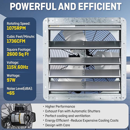 iLIVING 18" Wall Mounted Shutter Exhaust Fan, Automatic Shutter, with Thermostat and Variable Speed controller, 0.85A, 1736 CFM, 2600 SQF Coverage Area Silver (ILG8SF18V-ST)