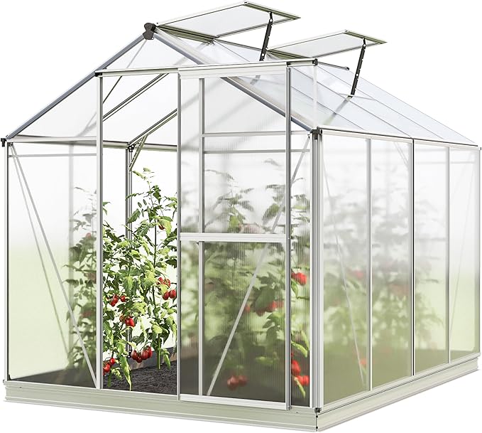 Greenhouse Jasmin 4 Aluminum Frame - 6.3 x 8.4 ft Approx. 6 mm Polycarbonate Panels - Bonus Base Frame and Automatic Vent Opener