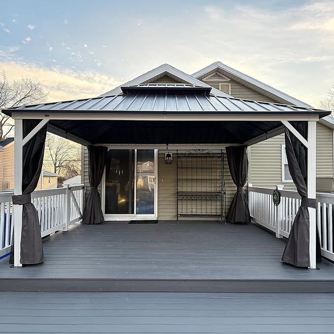PURPLE LEAF 12' X 14' Hardtop Gazebo,Outdoor White Aluminum Frame Gazebo with Curtain and Netting for Patio, Garden and Backyard