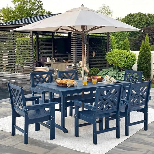 5 Piece HDPE Outdoor Dining Set for 4 Patio Dining Furniture Set with Umberlla Hole, Weather Resistent Outdoor Table and Chairs for Garden, Poolside, Backyard, Deck, Blue