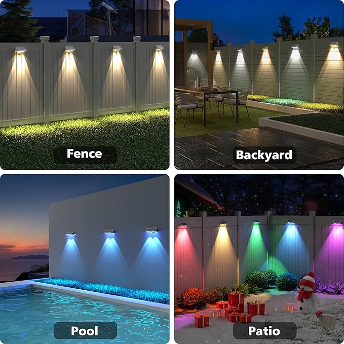 APONUO Solar Fence Lights Outdoor Waterproof, Fence Lights Solar Powered, 9 RGB Color Modes&Warm White&Cool White, Fence Solar Light Outdoor for Backyard, Patio, Wall, Yard,Deck, (White, 6 Pack)