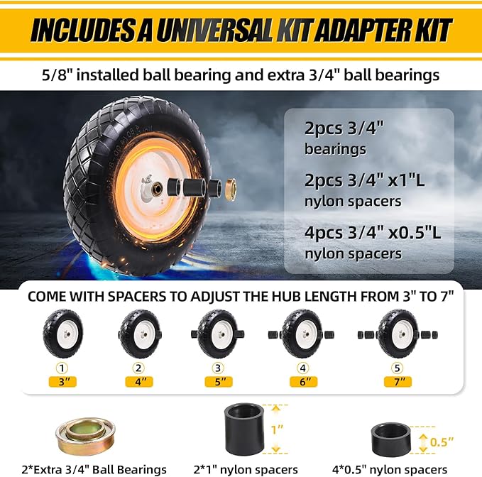 MZREXN 4.80/4.00-8" Flat Free Tire and Wheel, 16" Universal Solid Wheelbarrow Tires, with 5/8" & 3/4" Bearings, 3" Centered Hub for Hand Truck Garden Trailers Utility Cart Yard Wagon (2-PACK, White)