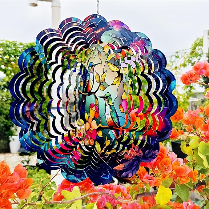 Wind Spinners Outdoor Hummingbird Art12 inch 3D Stainless Steel Laser Cut Metal Art Geometric PatternWind Sculpture Hanging for Yard Garden Decorations Wind Sculpture Gifts Outdoor