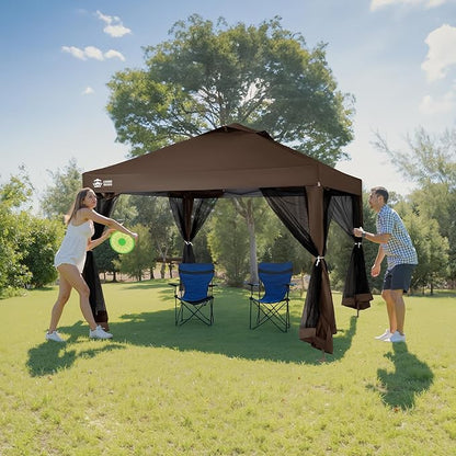 CROWN SHADES Gazebo 10x10, Pop Up Gazebo with Mosquito Netting, Screen Tent with 4 Ropes, 8 Stakes, 4 Sandbags and Wheeled Storage Bag, Canopy for Patio & Backyard, Coffee
