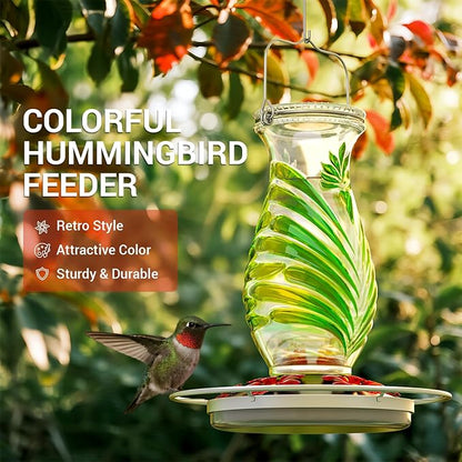 Hummingbird Feeder for Outdoors, 24oz Glass Nectar Feeder with Perch & 5 Flower Feeding Ports, Leakproof Hanging Bird Feeder for Garden Yard Decor, Outside Gifts for Women & Mom, Spring Green