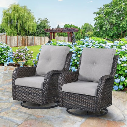 HUMMUH 7 Pieces Patio Furniture Set with Fire Pit Table Outdoor Conversation Set PE Wicker Patio Couch Swivel Glider Chairs Ottomans for Balcony Garden,Lawn,Deck