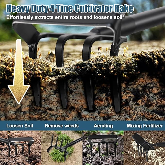 Hula Hoe Garden Tool - 2 in 1 Stirrup Action Hoe & Rake,Heavy Duty Weeding & Cultivating Tool,Adjustable Long Handle (36”-74”),Sharp Carbon Steel Blade for Effortless Gardening