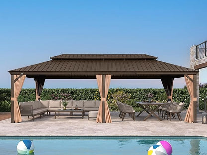 PURPLE LEAF 14' X 28' Outdoor Hardtop Gazebo Patio Wide Aluminum Frame Metal Double Roof with Heavy Duty Netting and Curtains for Permanent Hard Top Pavilion Screen Khaki