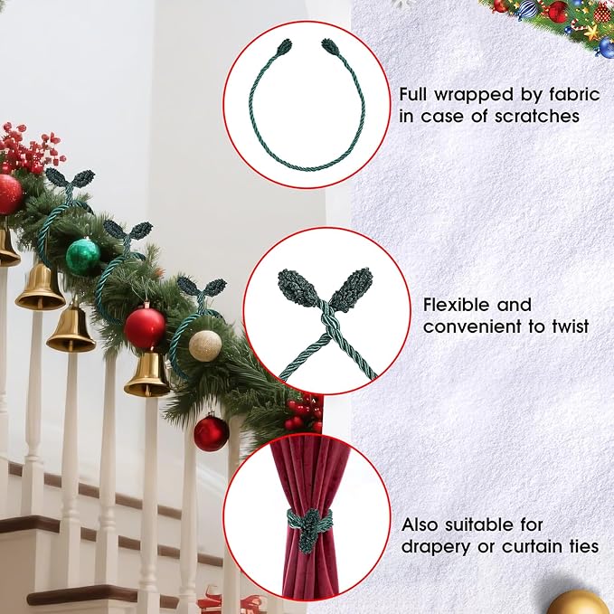 Christmas Garland Ties, 16Pcs 20in Garland Twist Ties for Banister, Reusable and Flexible Decorative Twist Tie for Home Decorations and Holiday Craft Gift Wrapping - Green