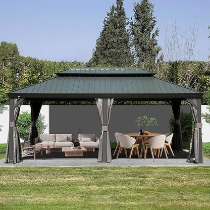 Domi 12' X 18' Hardtop Gazebo Outdoor Metal Gazebo with Galvanized Steel Double Roof Canopy, Aluminum Frame, Curtains and Netting for Patio, Deck, Garden, Grey