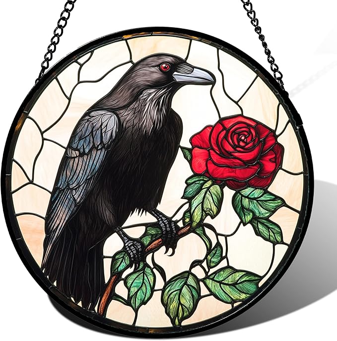 Stained Glass Window Hanging - Black Crow Red Rose Suncatcher for Doors Garden Patio Bird Sun Catchers Decor Christmas Mother's Day Birthday Gifts for Women Men Mom Nana Friend 6.3 in
