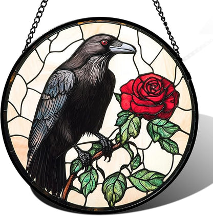 Stained Glass Window Hanging - Black Crow Red Rose Suncatcher for Doors Garden Patio Bird Sun Catchers Decor Christmas Mother's Day Birthday Gifts for Women Men Mom Nana Friend 6.3 in