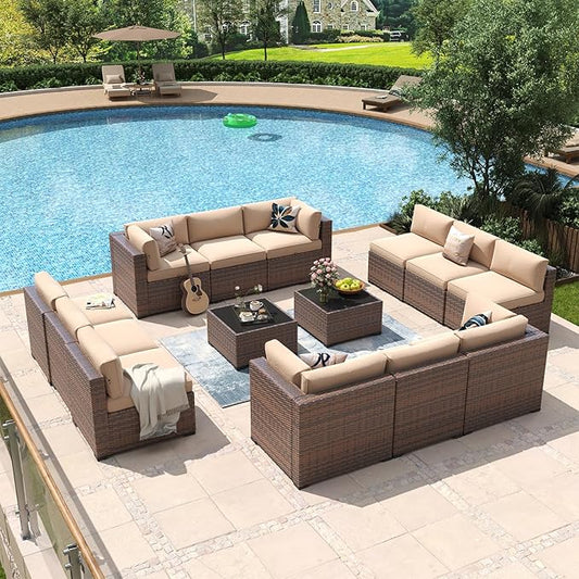 Aoxun 14 Piece Patio Furniture Set Wicker Rattan Patio Conversation Set Outdoor Sectional Sofa Set with Coffee Table and Thickened Cushions, Beige(Waterproof Cover Included)