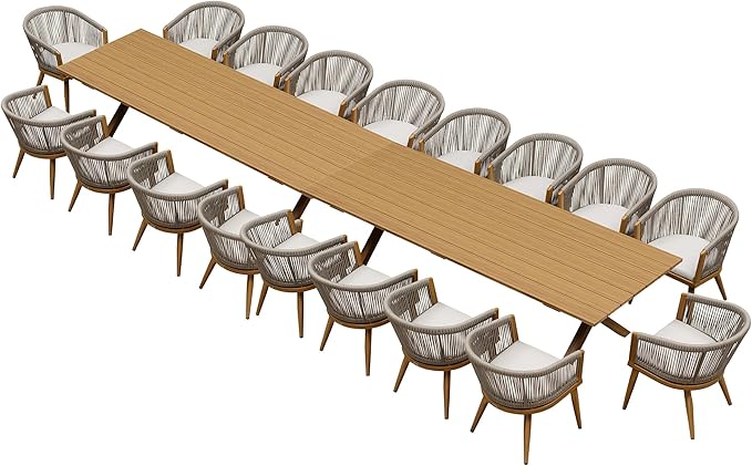 PURPLE LEAF Outdoor Dining Set for 18 All-Weather Aluminum 20 Piece Furniture Sets with Woodgrain Table and Rope Weave Chairs Included Cushions for Backyard Indoor Decor Kitchen Patio Set Teak Color