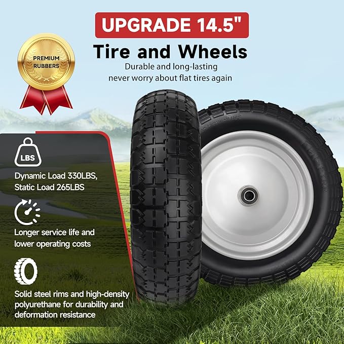 4.80/4.00-8 Tire and Wheel, 14.5" Flat Free Wheelbarrow Tire, 5/8" 3/4" Bearings Universal Solid Replacement Tires, 3" -7" Centered Hub for Hand Truck, Garden Cart, Includes Spacer Kit