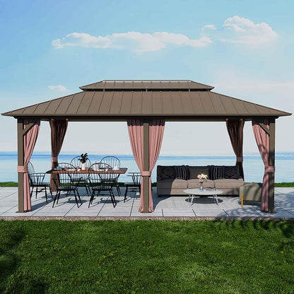 12'x20' Hardtop Gazebo, Outdoor Aluminum Frame Galvanized Steel Double Roof Pavilion with Netting and Shaded Curtains, Permanent Metal Pergolas for Patio, Backyard, Deck and Lawns.